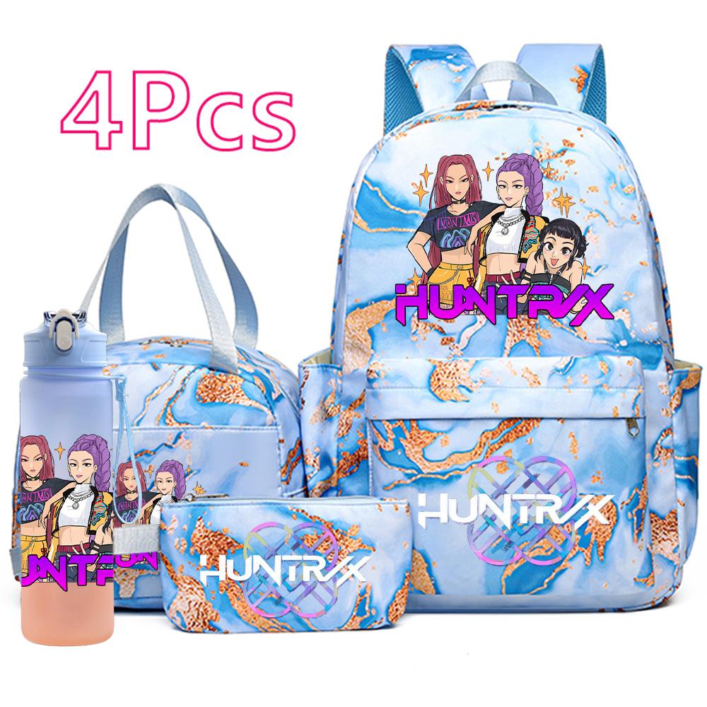 4Pcs/set Anime K-Pop Demon Hunters Printed Backpack Handbag Pencil Case with 750Ml Water Bottler for Teenager Boy Girl Large Capacity Schoolbag
