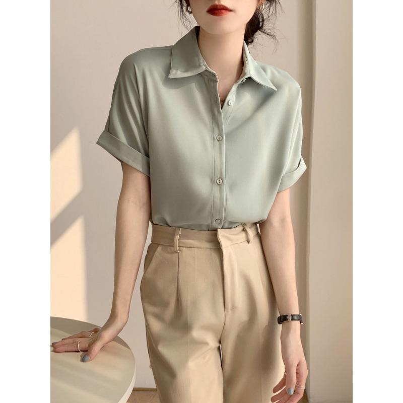Summer Thin Satin Drape Short-sleeved Shirt Female Small Loose Versatile Design Blouse Tops