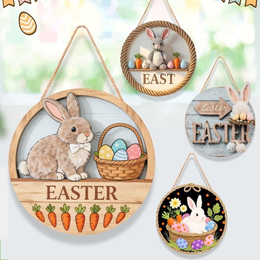 Wooden Hanging Sign Round Craft Ornament Bunny Theme Hanging Decoration  Office Decor