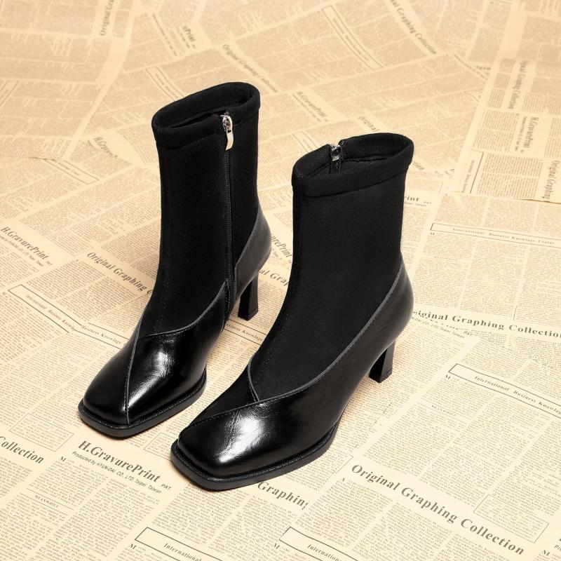 Autumn and Winter New Rock Leather Short Boots for Women, French Luxury Mid Length Slim Boots, High-heeled Women's Boots, Shoes