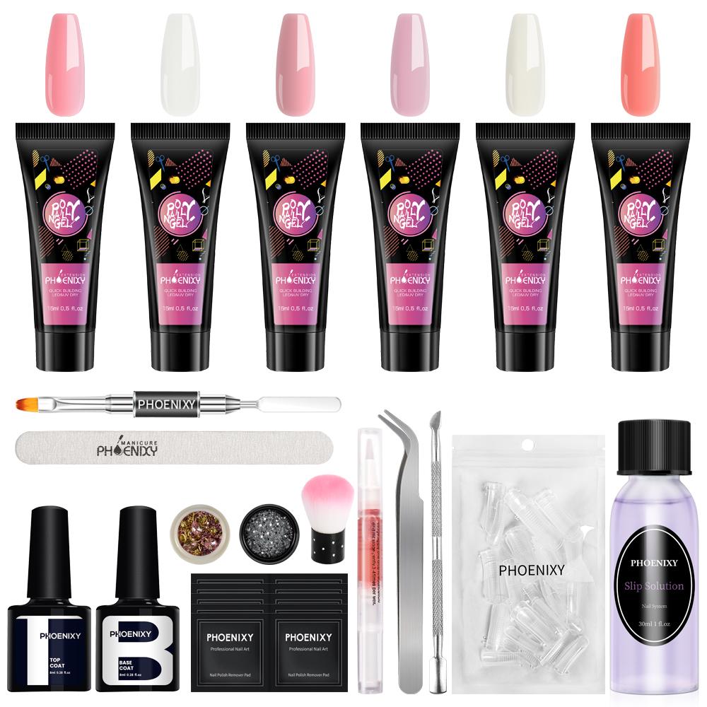 PHOENIXY 6 Color poly Nail Gel Kits Easy Quick Nail Extension Gel Poly