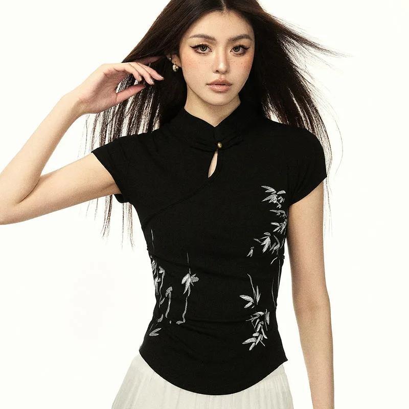 Womens New Chinese Style Bamboo Embroidery Top Cheongsam Collar Short Sleeve T Shirt