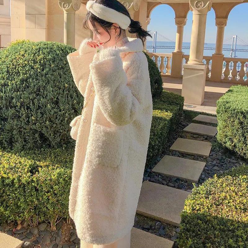 Dámská podzimní/zimní jednobarevná zimní hřejivá bunda s imitací jehněčí vlny, korejská volná a sametová dlouhá mikina s kapucí