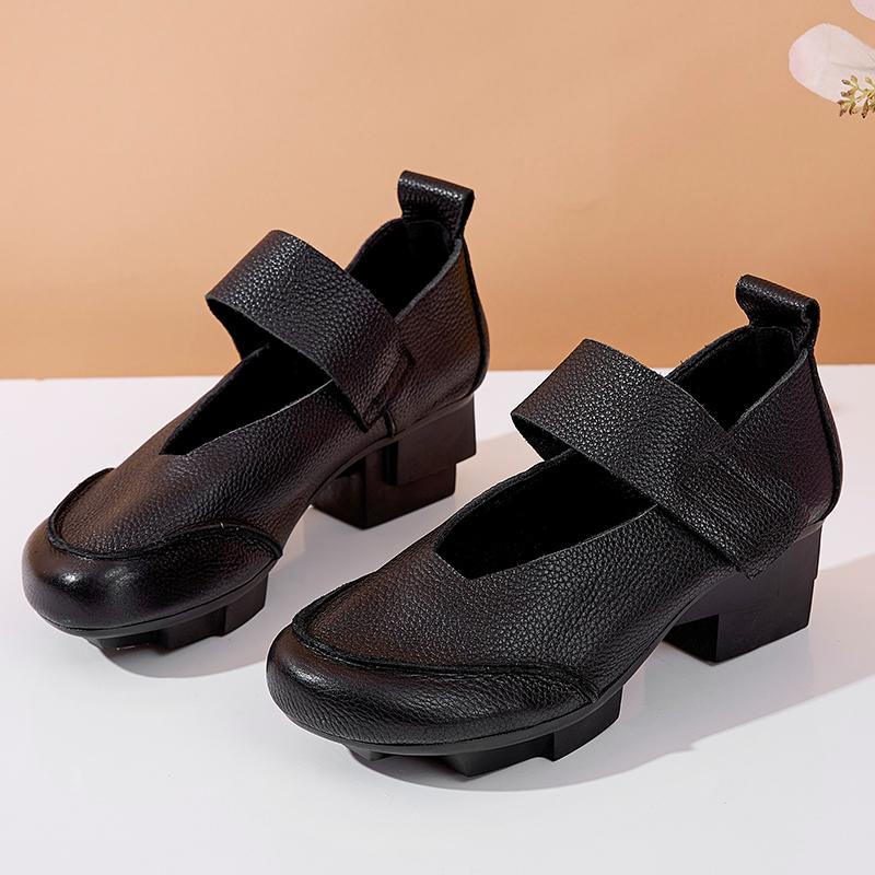 Fashion GKTINOO Retro Thick Heel Women Shoes Hook Loop Mary Jane Loafers Luxury 5 Cm Pumps Genuine Leather Sewn Square Heel Single Shoes