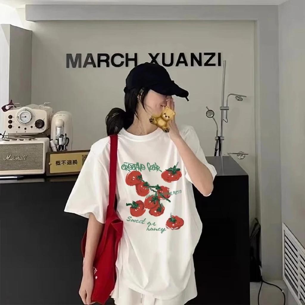 100% Cotton 2025 Summer Graphic Tomato Print T-shirt Lazy Style Trendy Chic Oversize Round Neck Short Sleeves Causal Streetwear