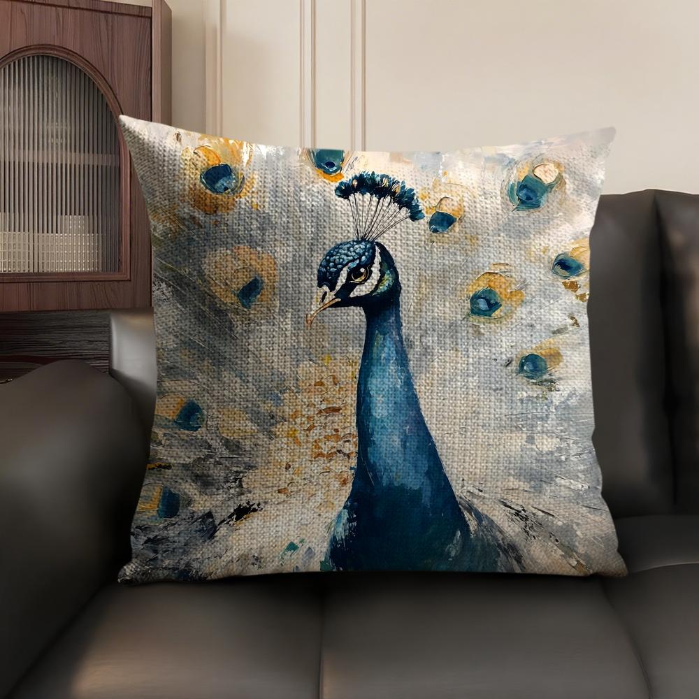 Peacock Luxury Cushion Cover Natural Linen Organic Fabric Double-Sided Printing Sofa Home Decor Gift Pillow Case