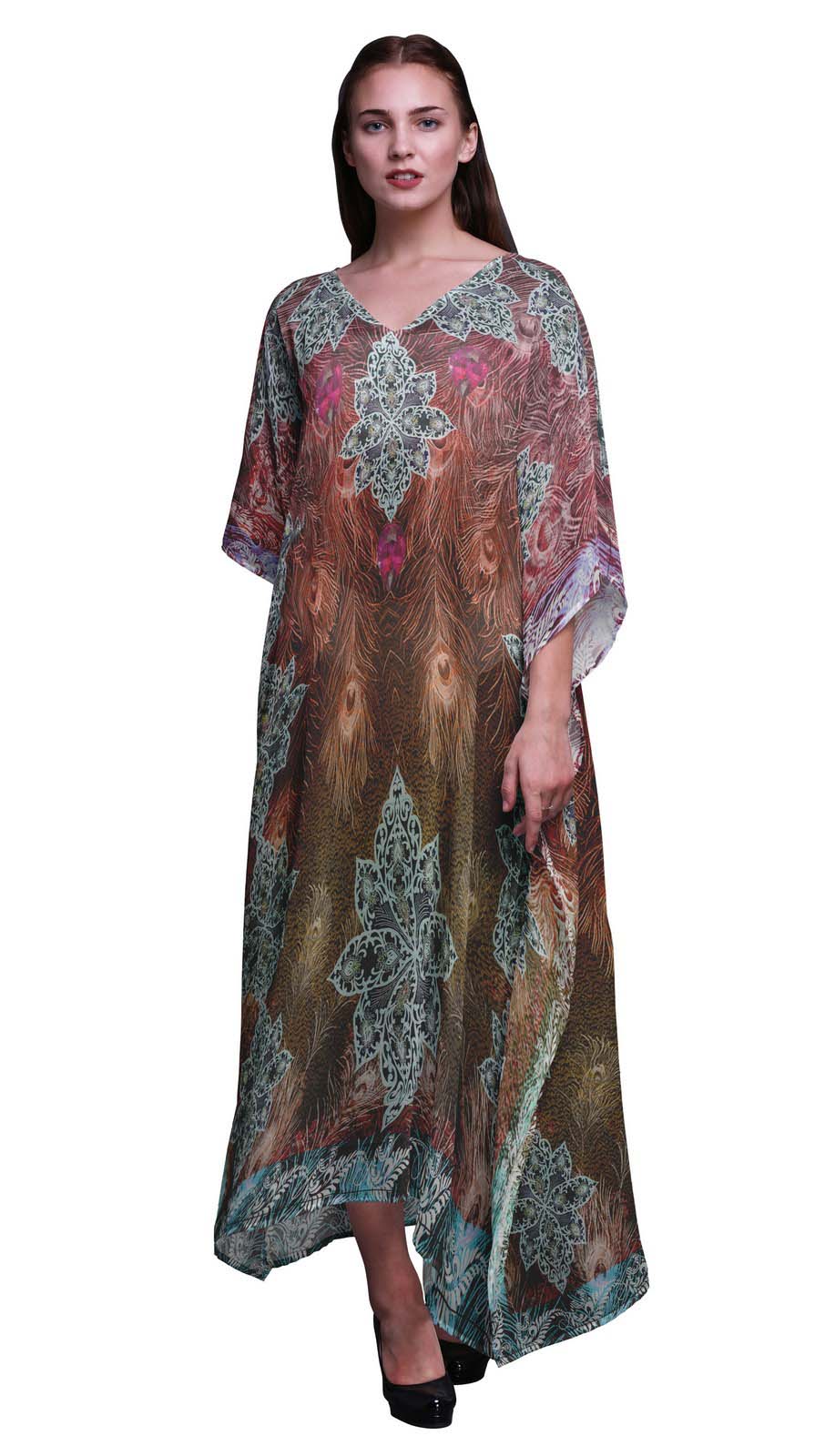 

Phagun Peacock Feather Beach Kaftan Bikini Cover up Womena s Maxi Dress Long XL-3X помаранчевий