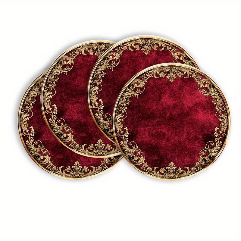 4er Set Runde Tischsets mit goldenem quadratischem Blumenmuster - Elegante Tischmatten für runde Tische, Langlebige waschbare Esszimmerdekoration für Partys, Hochze 4Pcs black