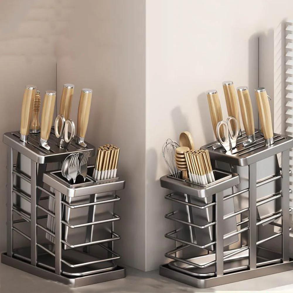 Knife Block with Drain Tray Holder without Kitchen Storage Rack Decoration Slanted Stand Countertop