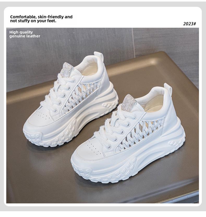 Sandale albe, casual, cu talpă joasă, pentru femei, vara 2024, respirabile, cu talpă groasă și călcâi interior ridicat, design sport din piele naturală.