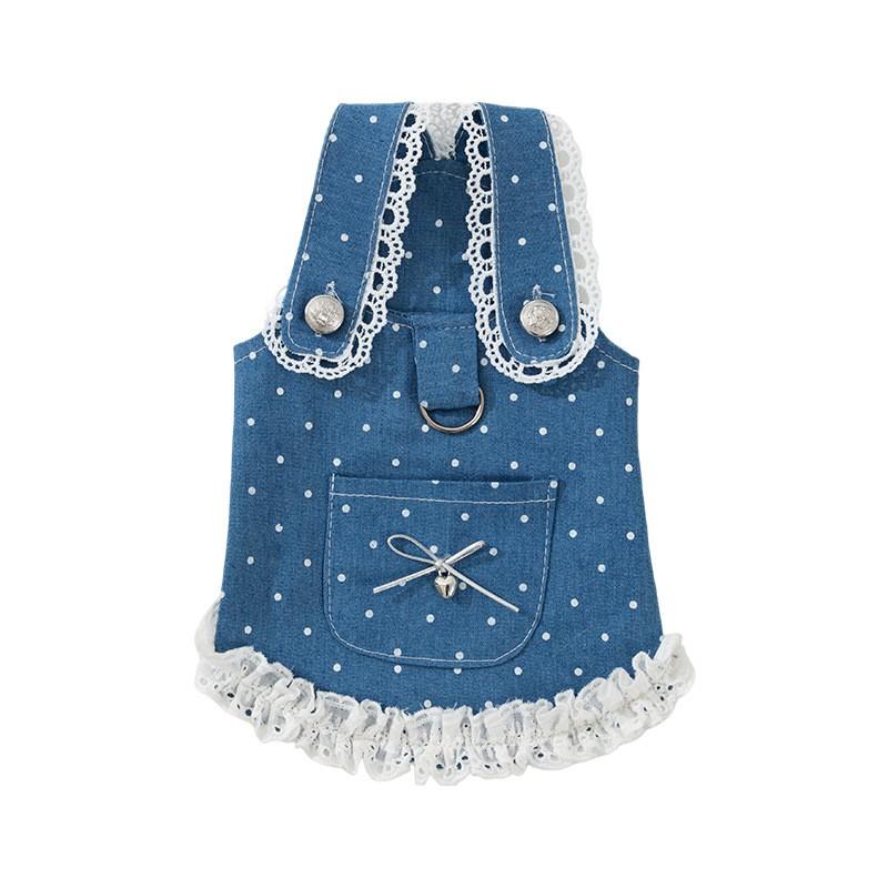Minimalist Dog Dress With Denim Polka Dot Trim Harness-Compatible Back Strap