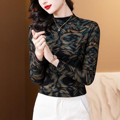 Mesh Mode Unterteil Bedrucktes Langarm-Top Neues Slim-Fit Damenhemd im Ausländischen Stil