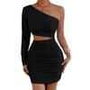 Fashion Single Shoulder Sleeve Hollow Out Dress Spicy Girl Slant Shoulder Hip Wrapping Sexy Party Short Dress Pleated Solid Colar Elegant Clothing