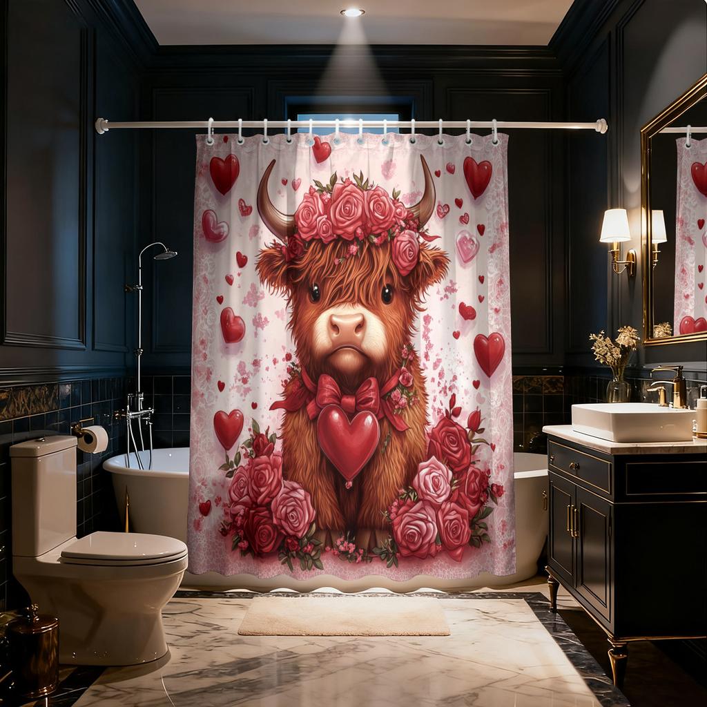 Valentine Day Red Highland Cow Print Waterproof Shower Hanging Curtain Hooks Multiple Sizes Curtains Single Panel Made Of Polyester