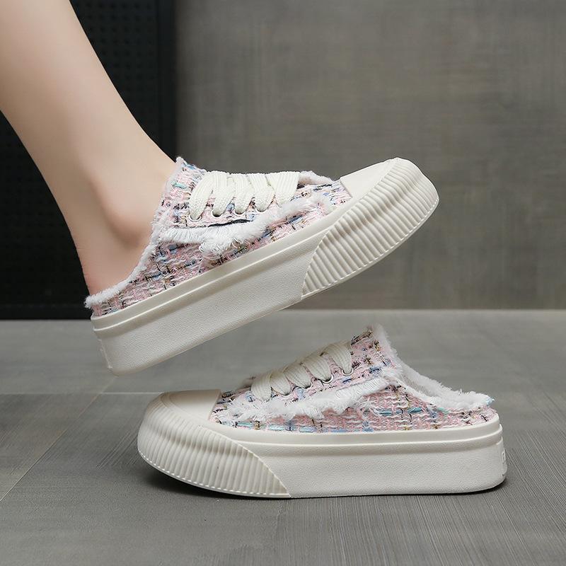 Half slippers women's 2024 new summer bag head outer wear small fragrant wind one pedal lazy thick-soled canvas half slippers women