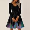 Women's Casual Fashion V-neck Long Sleeved Retro Christmas Print Retro Dress
