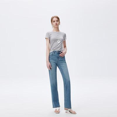 Fengmao Women's Slim Fit Straight Leg Slit Hem Jeans FMKL7075-3