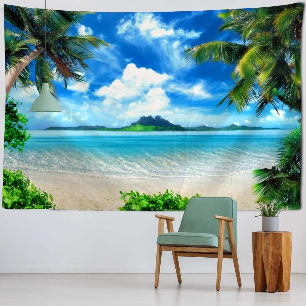 Sea view tapestry printed hanging painting coconut tree sunrise home decoration yoga mat bed sheet living room wall hanging