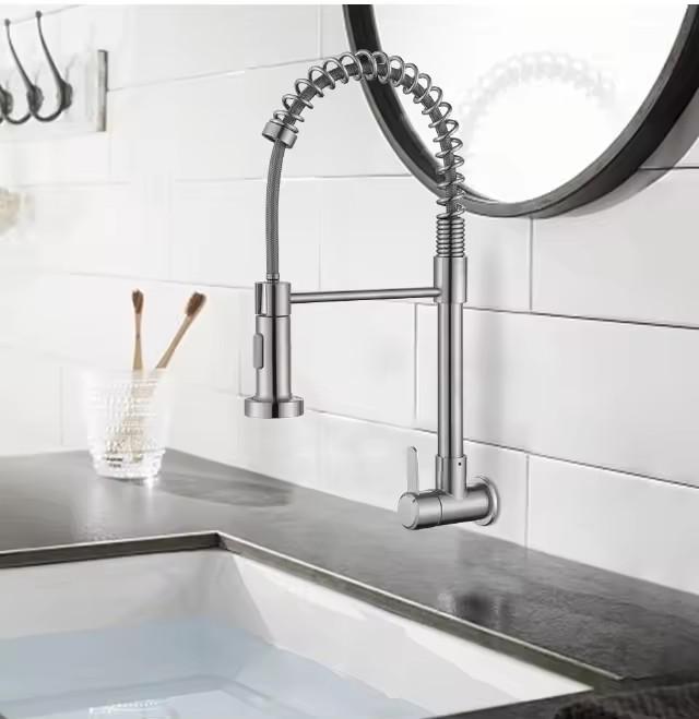 Hot Sale Commercial Single Handle SUS 304 Sink Faucet Wall Mounted Single Cold Taps Pull Down Sprayer Spring Kitchen Faucet