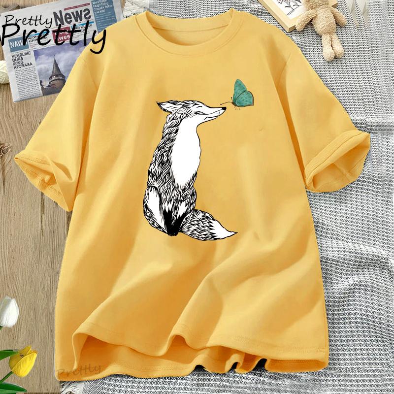 Fox and Butterfly T Shirt Cotton Graphic Tee Soft Fitted T Shirts for Women Printed Cotton Short Sleeve Harajuku Tees Clothing