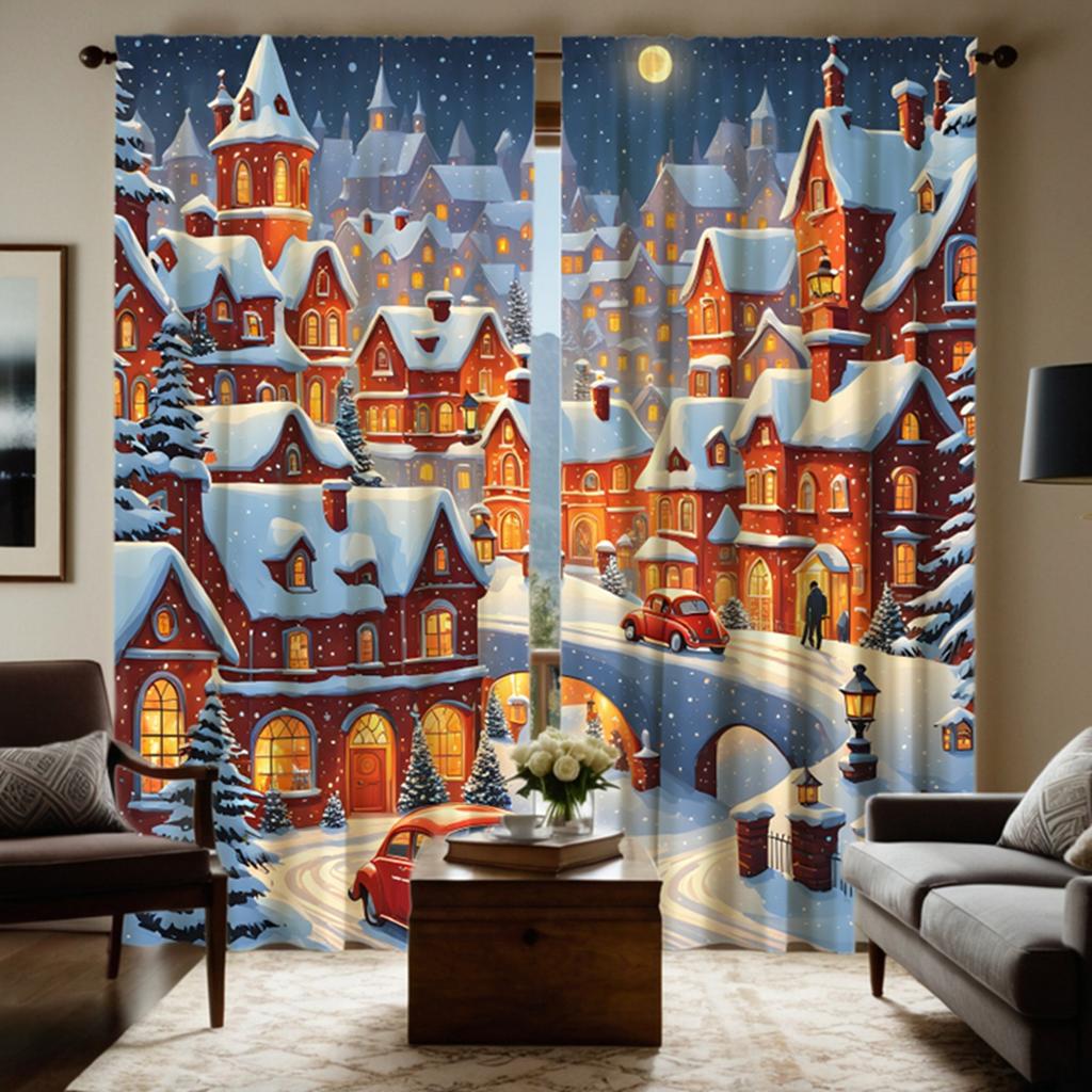 2pcs HD Post-Snow Christmas Castle City Decoration Curtain White Tie Digital Printed Curtain Home Decoration Style Decoration