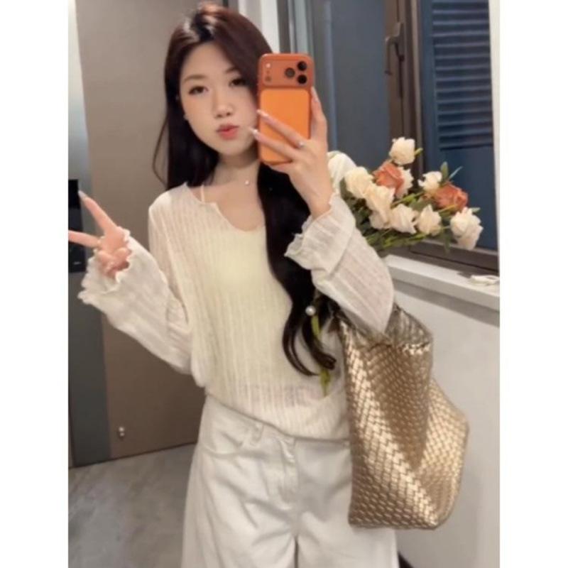 Korean loose milk white big neckline T-shirt women's summer fungus edge stacked wearing sunscreen blouse slightly transparent v-neck top