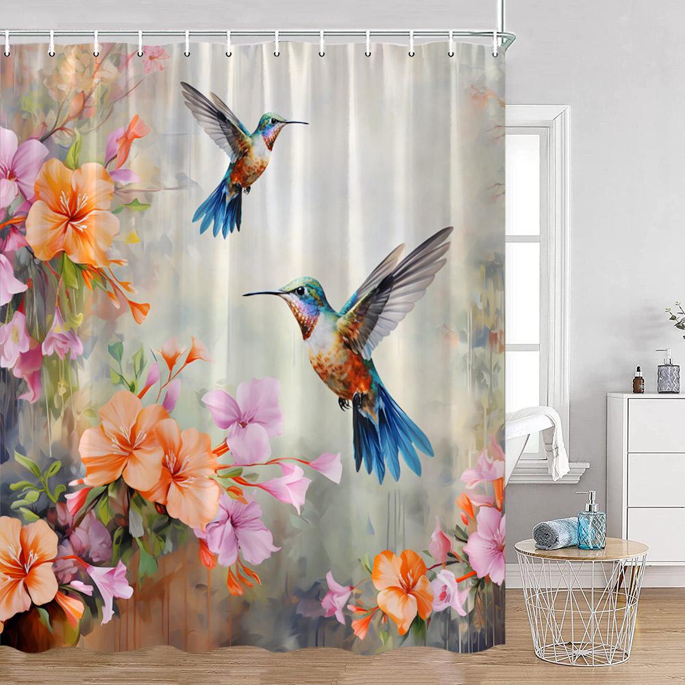 Cute Bird Plant Shower Curtain Hummingbird Pink Flower Green Leaves Nature Floral Bathroom Decor Polyester Bath Curtain