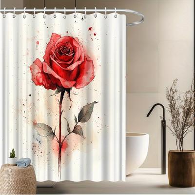 Elegantní červená růže ve vodových barvách, sprchový závěs, efekt stříkanců, polyester odolný proti vyblednutí, 12 háčků, ideální pro dekoraci koupelny