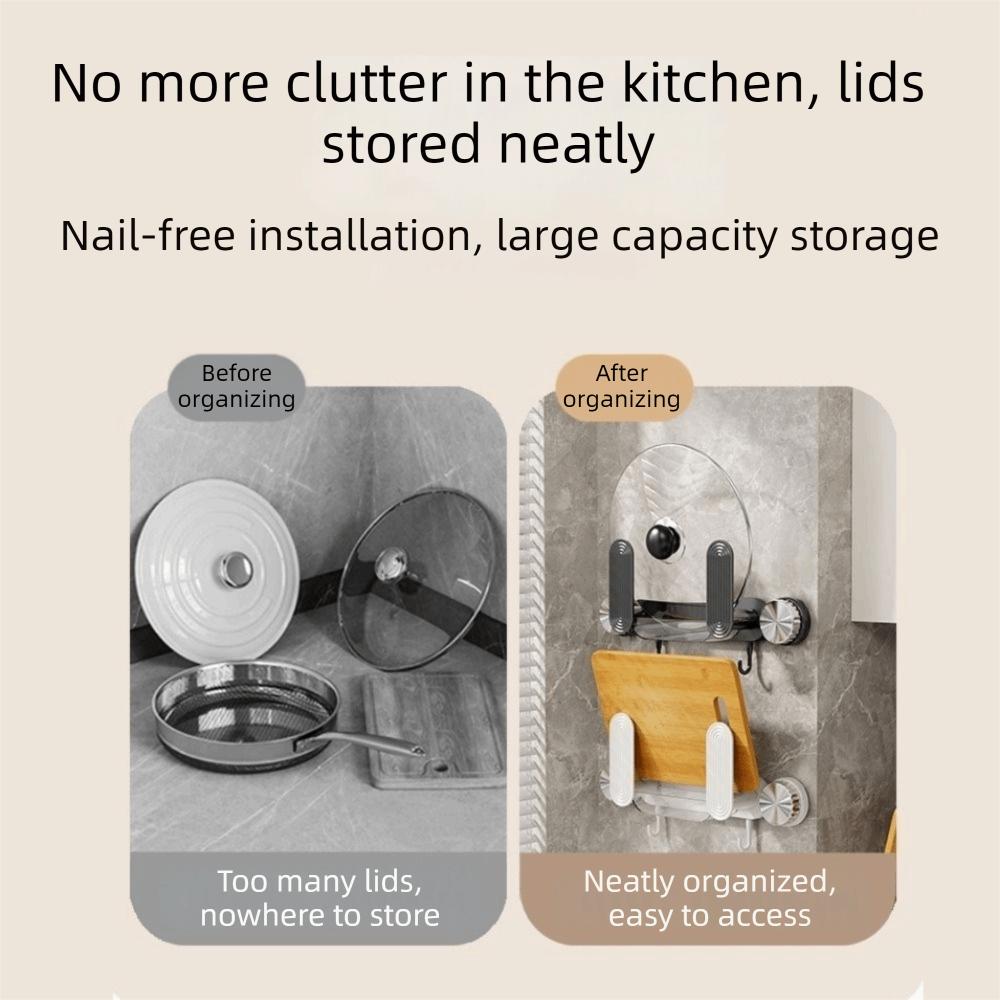 Plastic Suction Cup Pot Lid Holder Space Saving Wall Mounted Pan Cover Storage Holder Waterproof with Hooks Chopping Board Rack