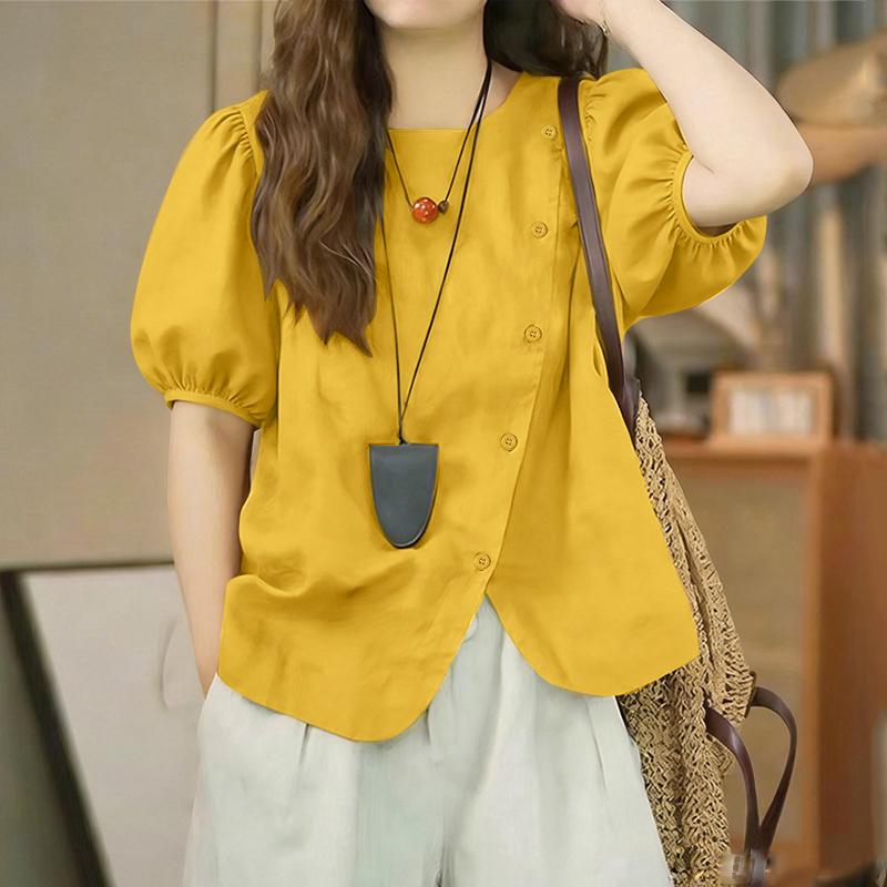 ZANZEA Women Casual Round Neck Puff Short Sleeve Blouse M
