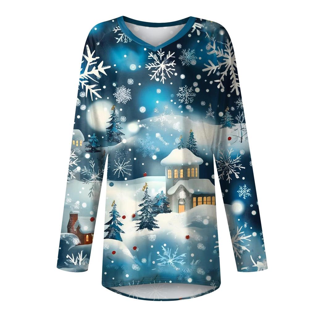 Women's Fashion Casual T-shirt Printing Long Sleeve V-neck Medium Long Top