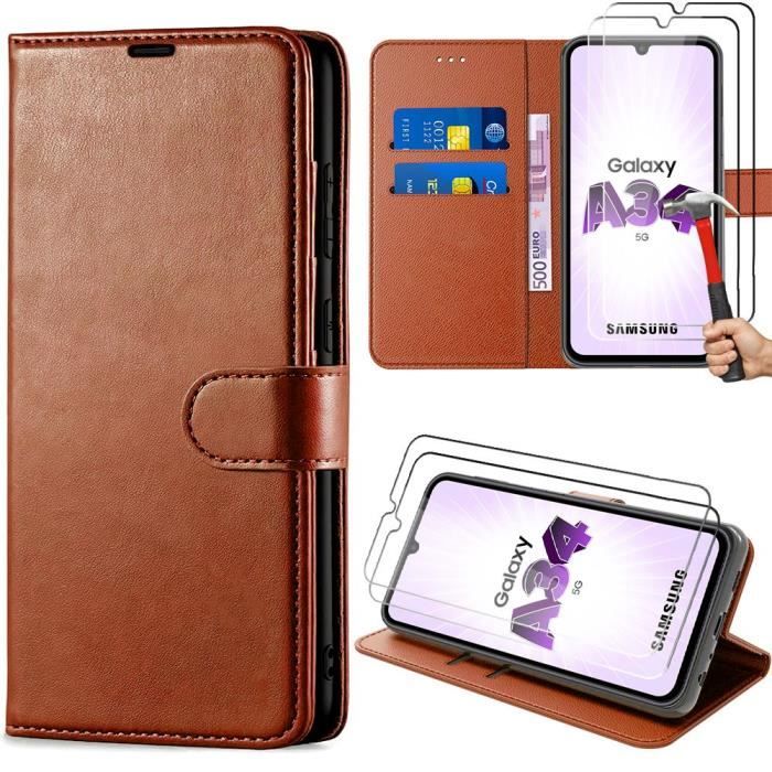 2 Verres Trempés + Coque pour Samsung Galaxy A34 5G Marron Anti-Rayure Antichoc Effet Cuir