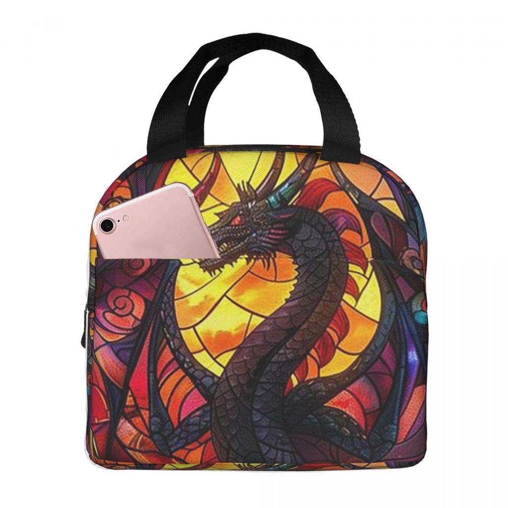 Glass Purple Dragon Pattern Insulated Lunch Bag for Women Office Cooler Thermal Food Box Tote Portable Lunch Boxes Container