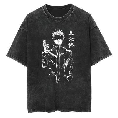 Jujutsu Kaisen Gojo Satoru T Shirt Hand Seal Graphic Men Acid Wash Oversized Streetwear Anime Retro Cotton Top Tee