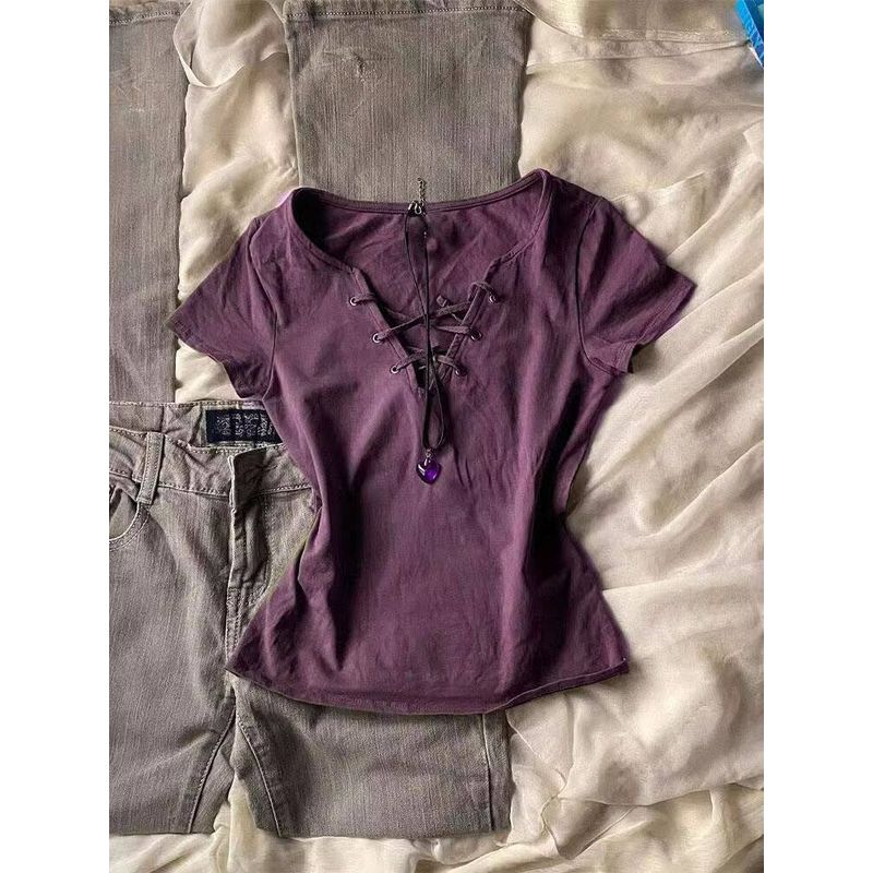 

[210g 40-Count Fine Cotton 1*1] American Retro Short-Sleeved T-Shirt with a Casual Feel, Slim Fit and Cinched Waist Purple M