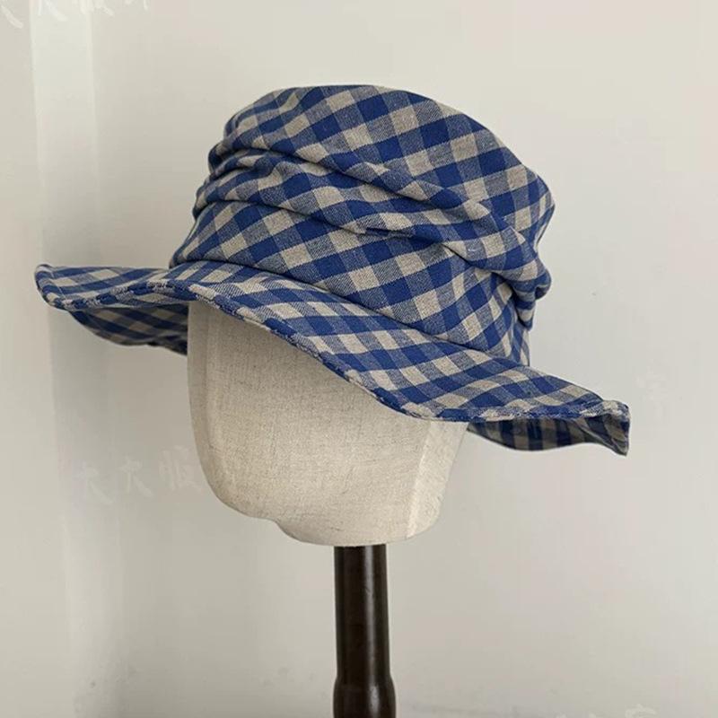 Japanese Wind Striped Pleated Bucket Hat Spring Summer Design Sense Niche Plaid Cotton Linen Breathable Sunscreen Basin Sun Hat