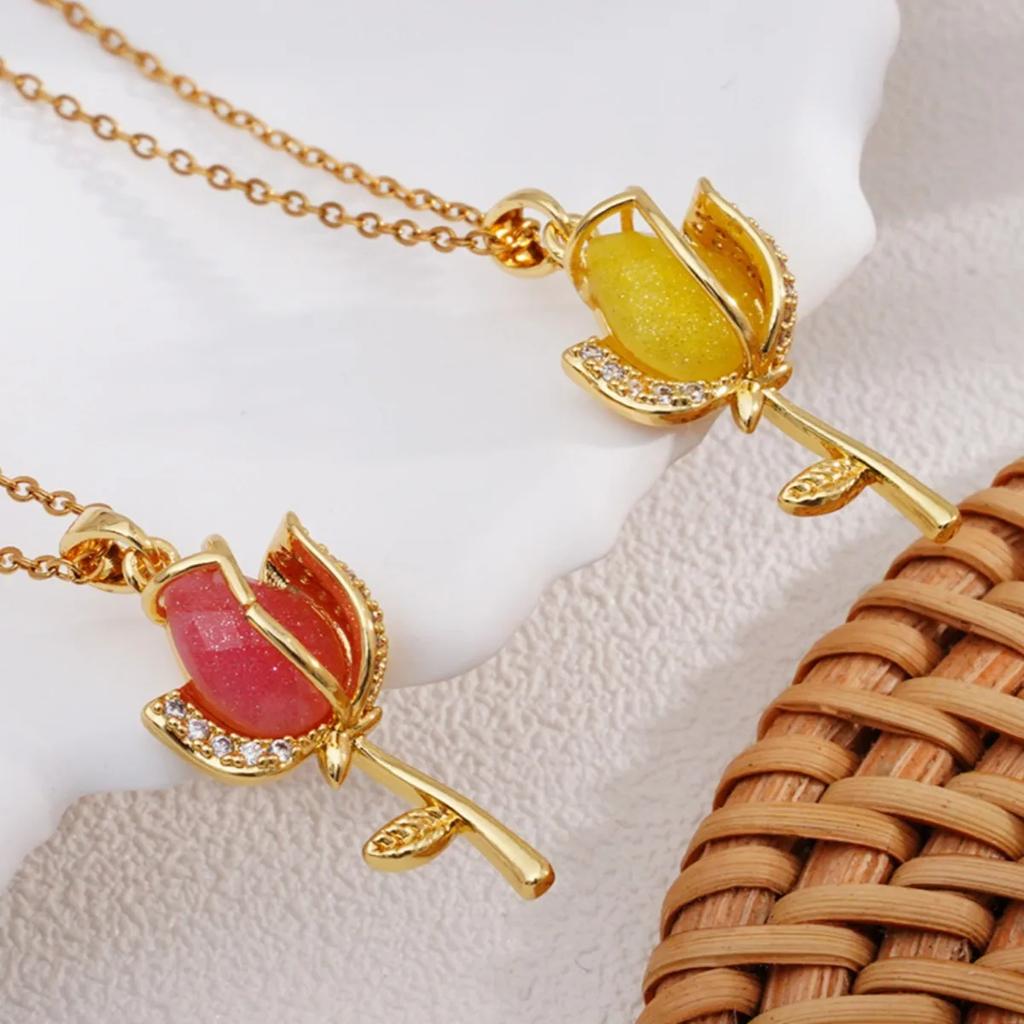 Elegant Colorful Crystal Zircon Tulip Flower Pendant Necklaces for Women Girls Gold Color Stainless Steel Chain Flower Jewelry