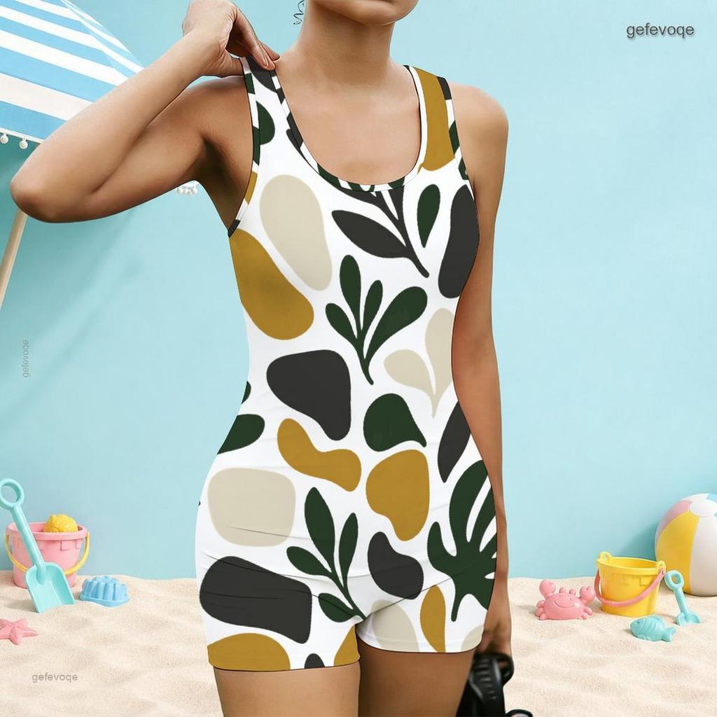 Women Plus Size Square Neck Wide Straps One Piece Boyshort Landscape Printed Swimsuit