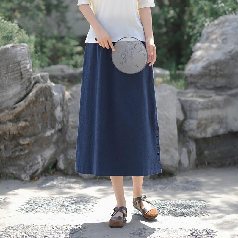 

Johnature Women Vintage Skirts Elastic Waist Solid Color Button Patchwork Pockets Summer High Waist Skirts M