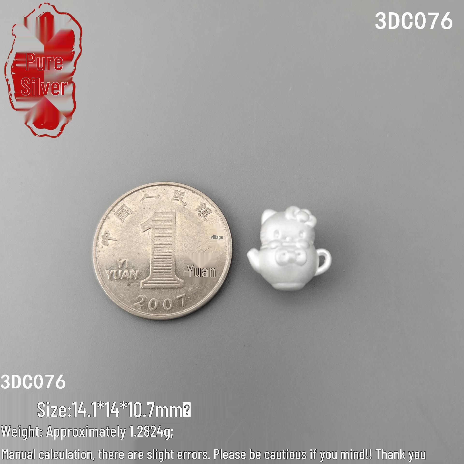 KT Cat 3D Sterling Silver Teapot Beads - Handmade Cute Style, DIY Accessories 999 Pure Silver: Single Price