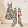Women Plus Size Two Piece Set Paisley Printed Strappy V Neck Flared Dress Long Sleeve Open Front Long Cardigan
