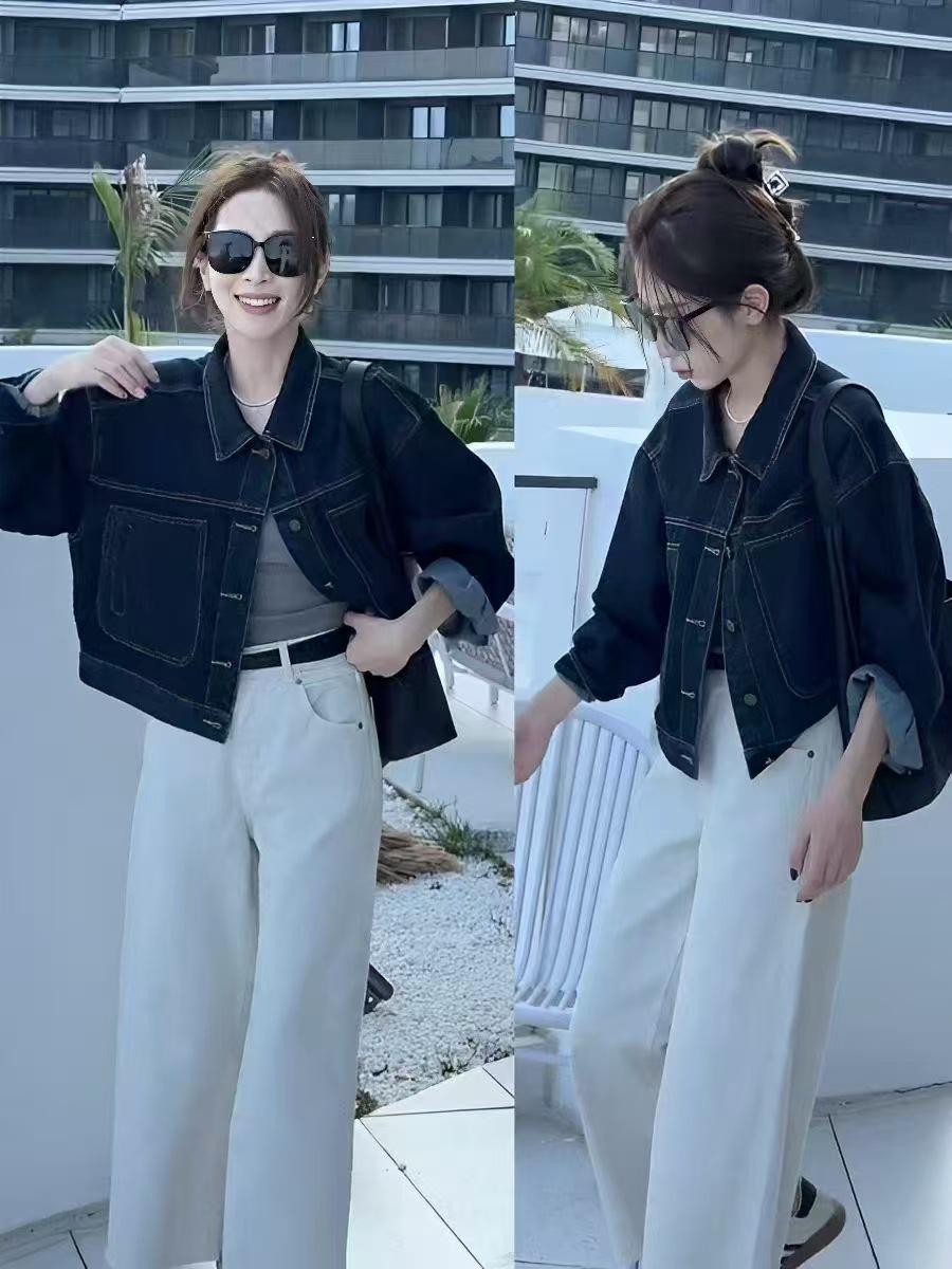 

Женская короткая джинсовая куртка - Новый 2025 год, корейский стиль, свободный крой для миниатюрных, повседневная весенняя одежда, супер стильная L синий