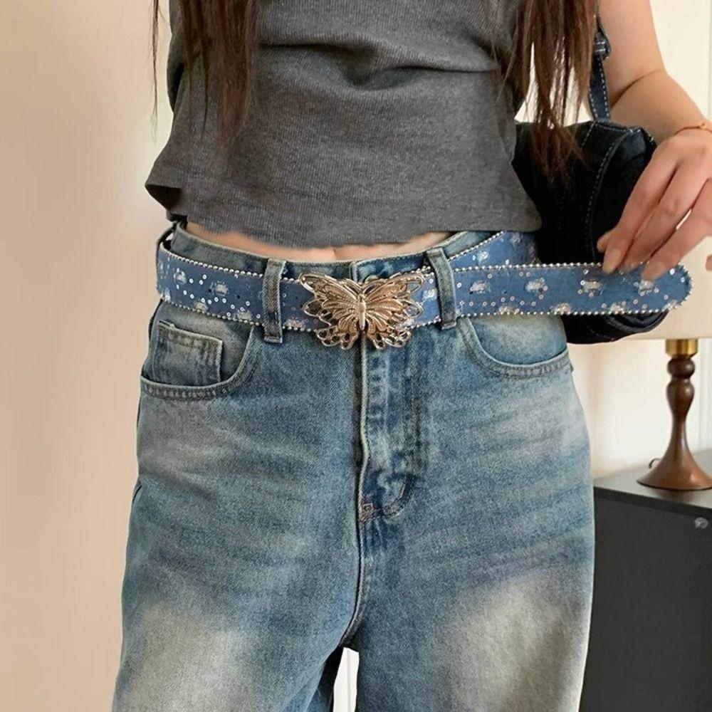 Sweet Y2k Jeans Belt Rhinestone Women's Waist Belt Casual Butterfly Buckle Waist Belt  Female