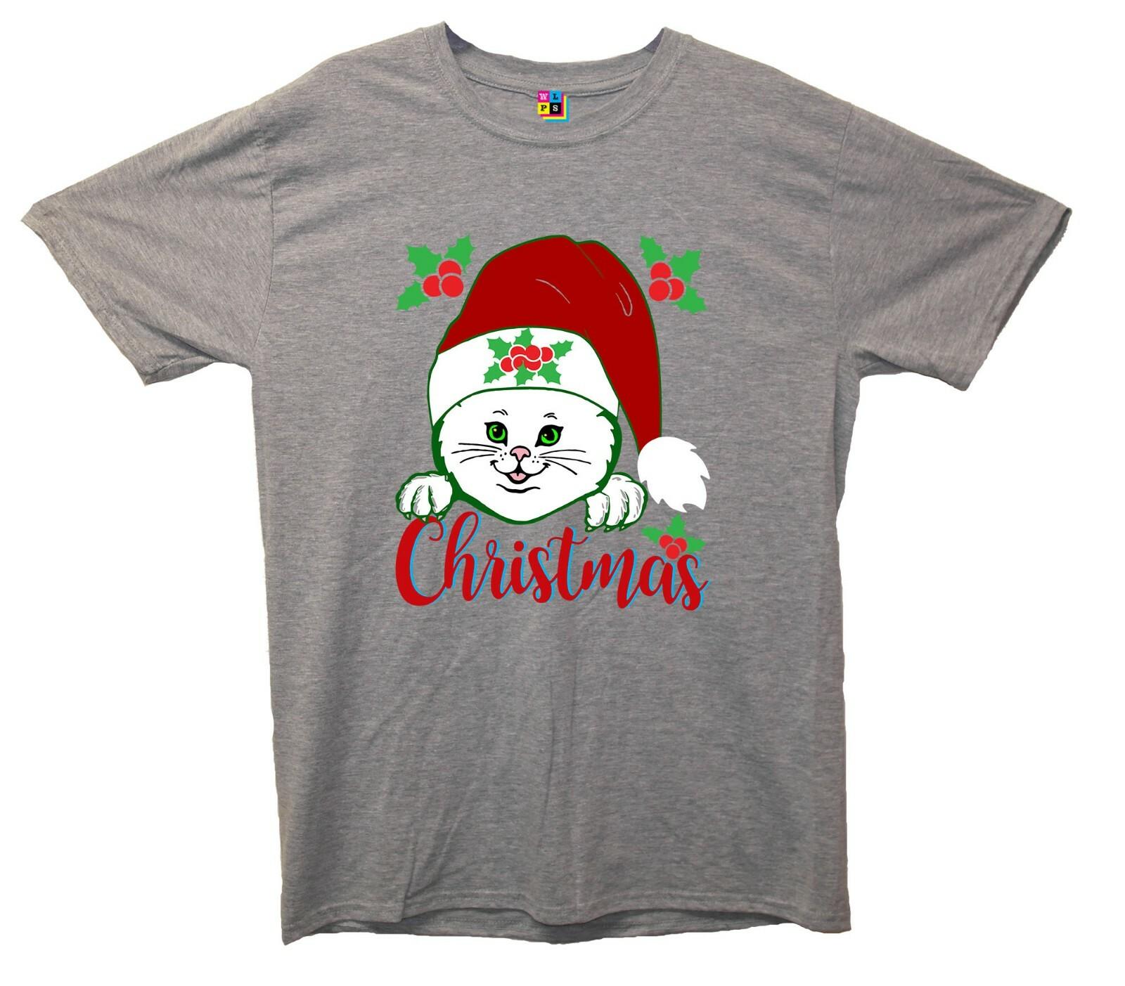 Cat In Santa Hat Christmas Printed T-Shirt Christmas Santa Rudolph Presents S