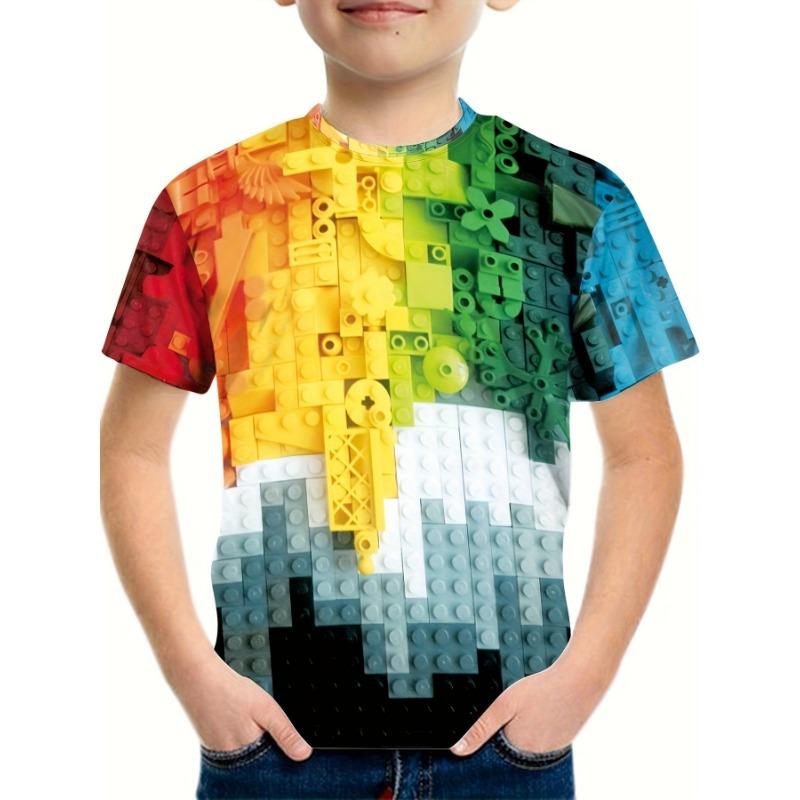Kinderkleidung Jungen T-Shirt Kurzarm Kinder T-Shirt Mode Bausteine 3D-Druck Top Kinder Sommerkleidung Mädchenkleidung