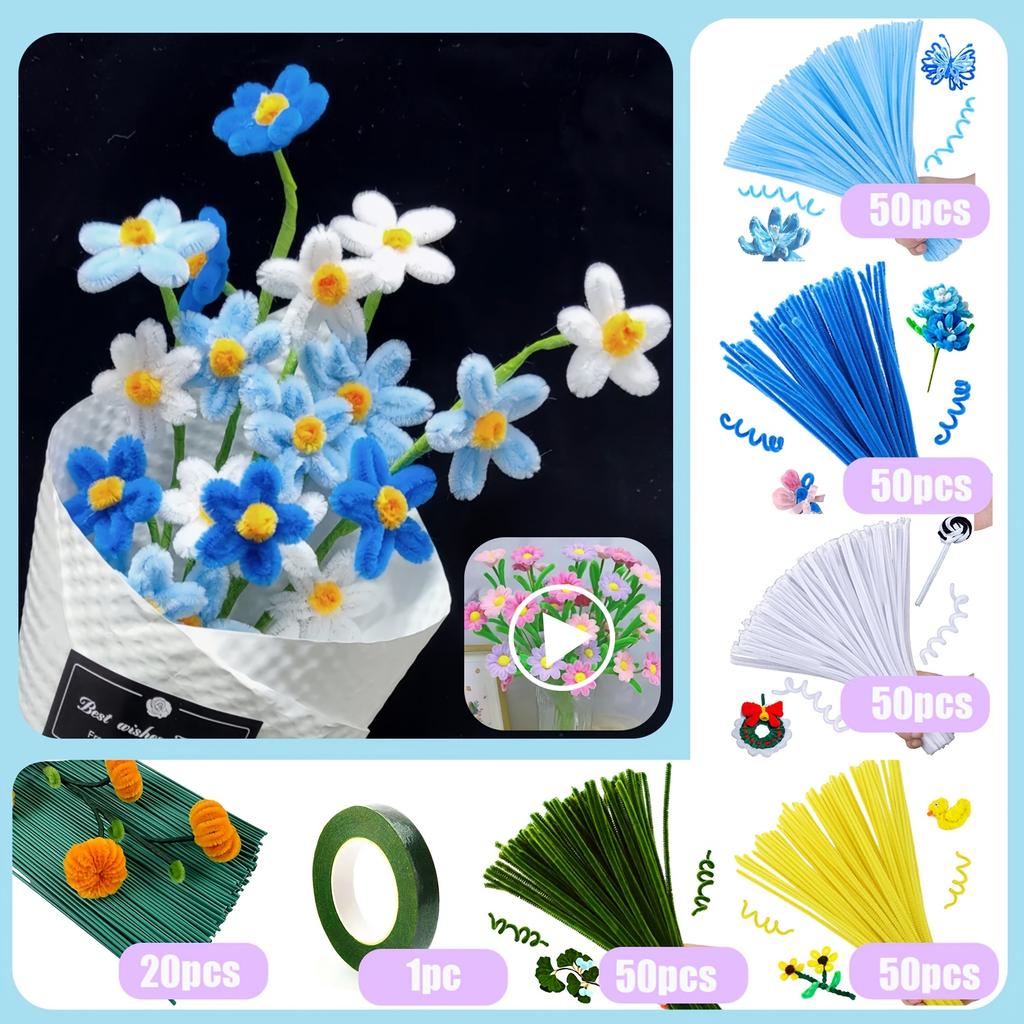 DIY Daisy Flower Craft Kit  - Faux Fur Material, Pipe Cleaner Crafting Supplies - Wedding Bouquets, Easter Mother's Day gifts