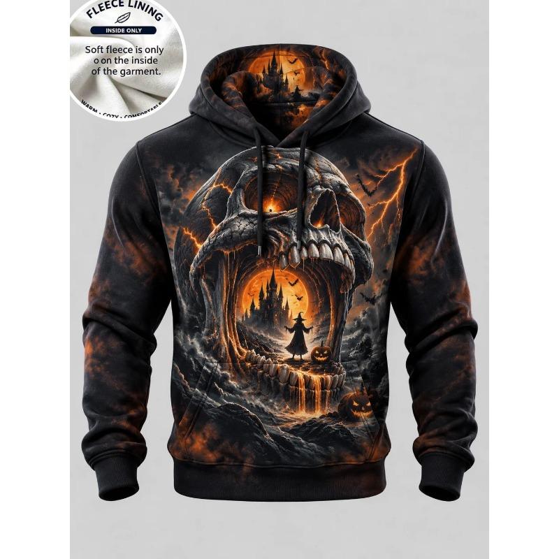 3D Print Halloween Fleece Hoodie Haunted House Ghost Pumpkin Bat Lightning Full Print Pullover Long Sleeve Sweatshirt