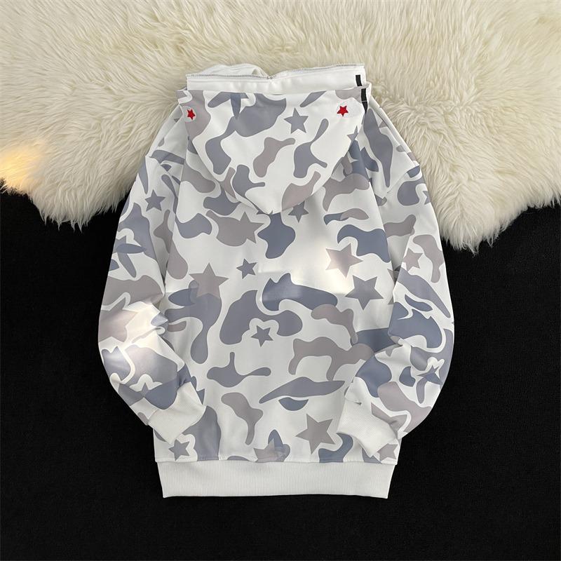 Bluza z kapturem na zamek High Street Camo Shark - Unisex, Styl BF, Długi rękaw z haftem ręcznikowym