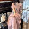 Women V Neck Half Sleeve Embroidered Linen Maxi Dress Loose  Casual Vacation Long Gown