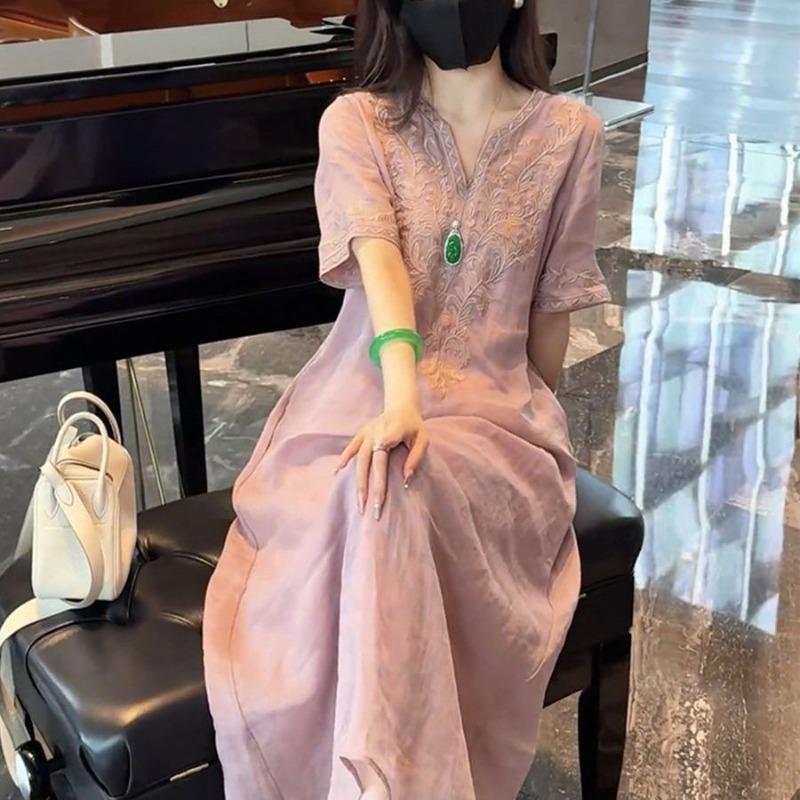 Women V Neck Half Sleeve Embroidered Linen Maxi Dress Loose Casual Vacation Long Gown